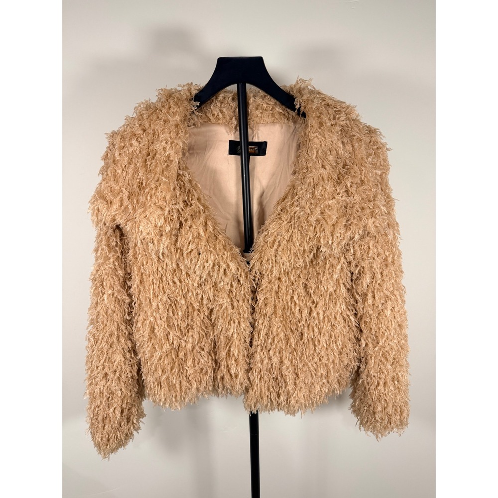 Greylin Tan Beige Shaggy Faux Fur Cropped Jacket G99J1356 Womens XS